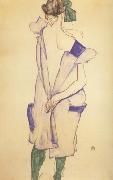 Egon Schiele Standing Girl in Blue Dress and Green Stockings.Back Viwe (mk12) oil on canvas
